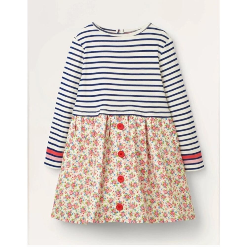 Mini Boden Hopscotch Striped Long Sleeve Floral Dress (9-10Y)